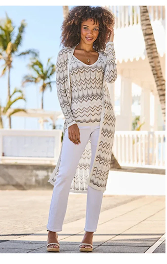 Neutral & Gold Chevron Longline Cardigan