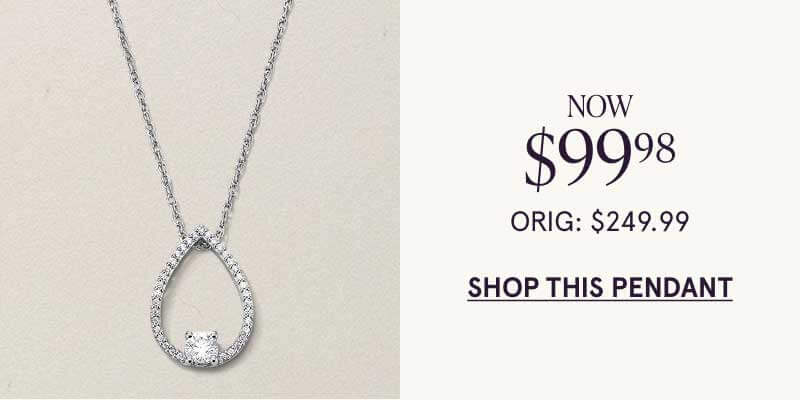 Silver chain with open-faced diamond tear drop pendant with stone. Now $99.98. ORIG: $249.99. Click here to shop this pendant