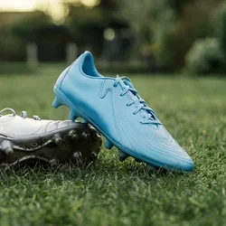 Paar Fussballschuhe, einer blau und einer weiss, auf grünem Gras mit Bäumen und einem Sonnenuntergangshimmel im Hintergrund platziert.