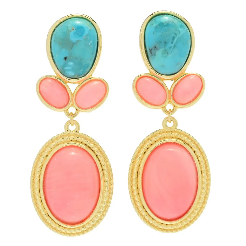 Image of 18K Gold Plated 14x10mm Salmon Coral & Blue Mohave Turquoise Drop Earrings
