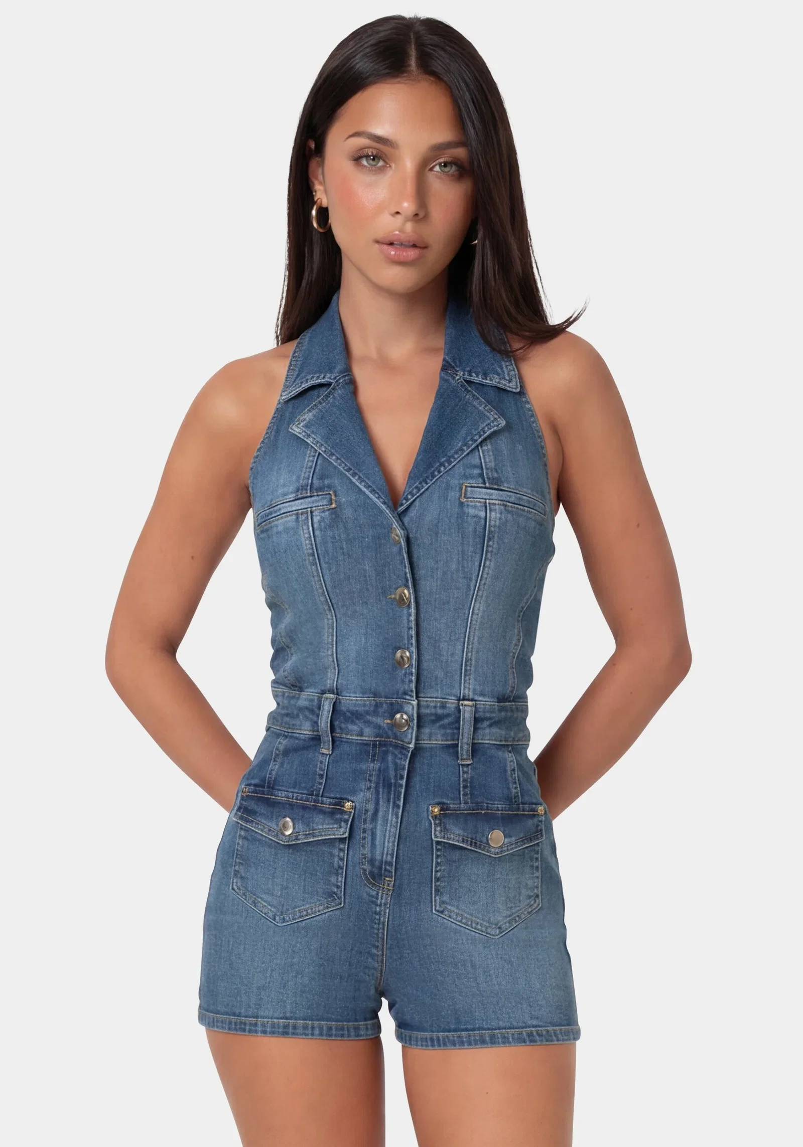 Image of Fitted Halter Denim Romper