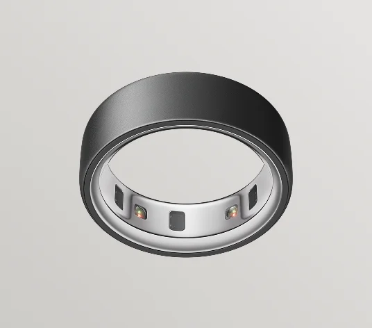 Oura Ring 4 in stealth finish, viewed from below showing recessed health sensors