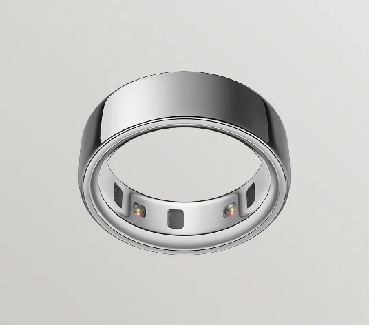 Oura Ring 4 in silver finish, viewed from below showing recessed health sensors