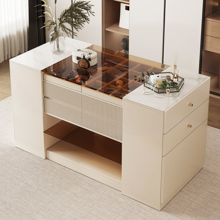 60" Glass Top Ivory Dresser Walk-in Closet Island with Jewelry Storage