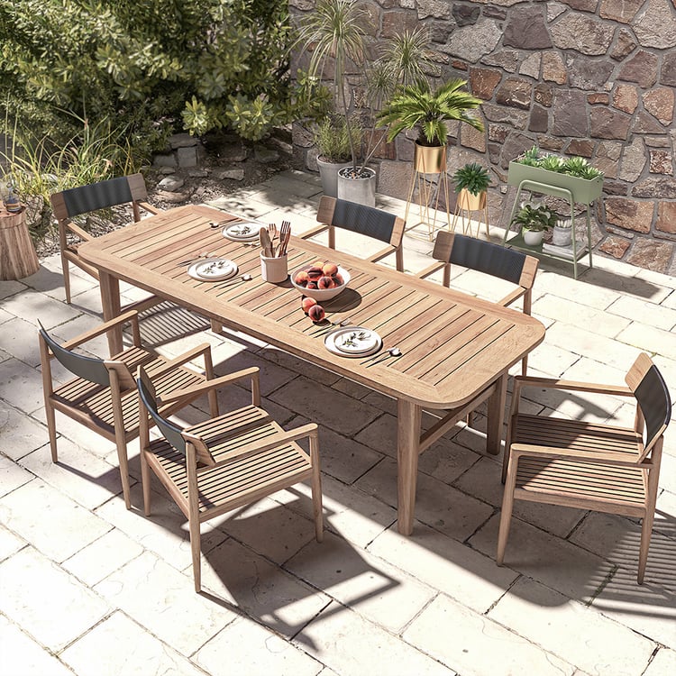 7 Pieces Modern Outdoor Dining Set with Wood Table and Chair in Natural for 6 Person