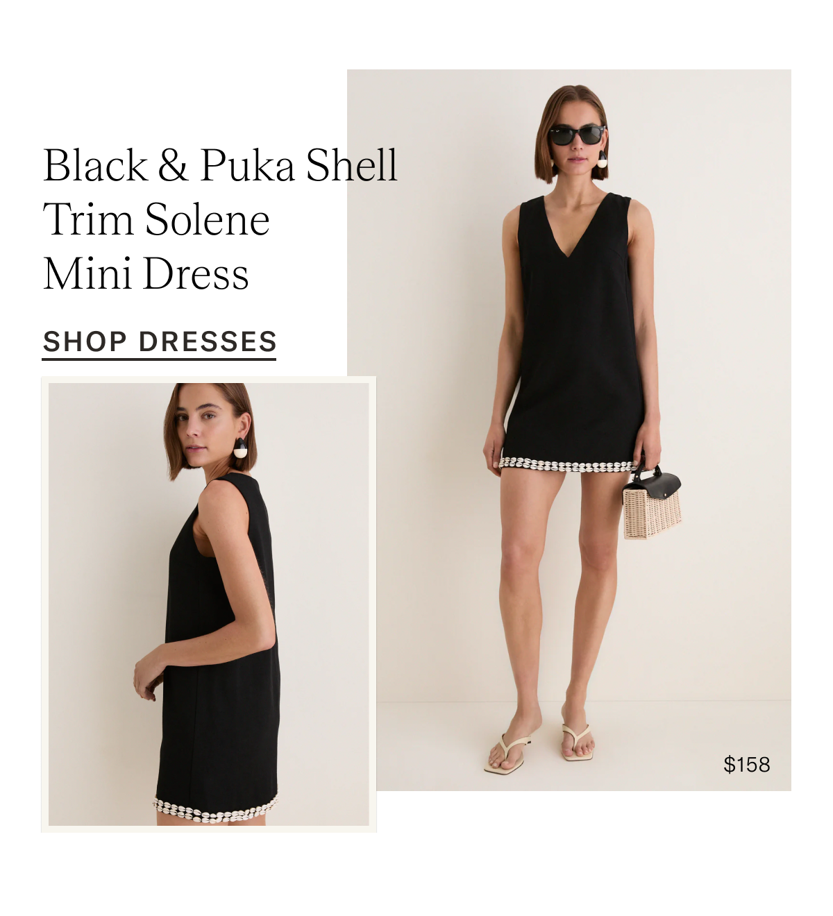 Black & Puka Shell Trim Solene Mini Dress
