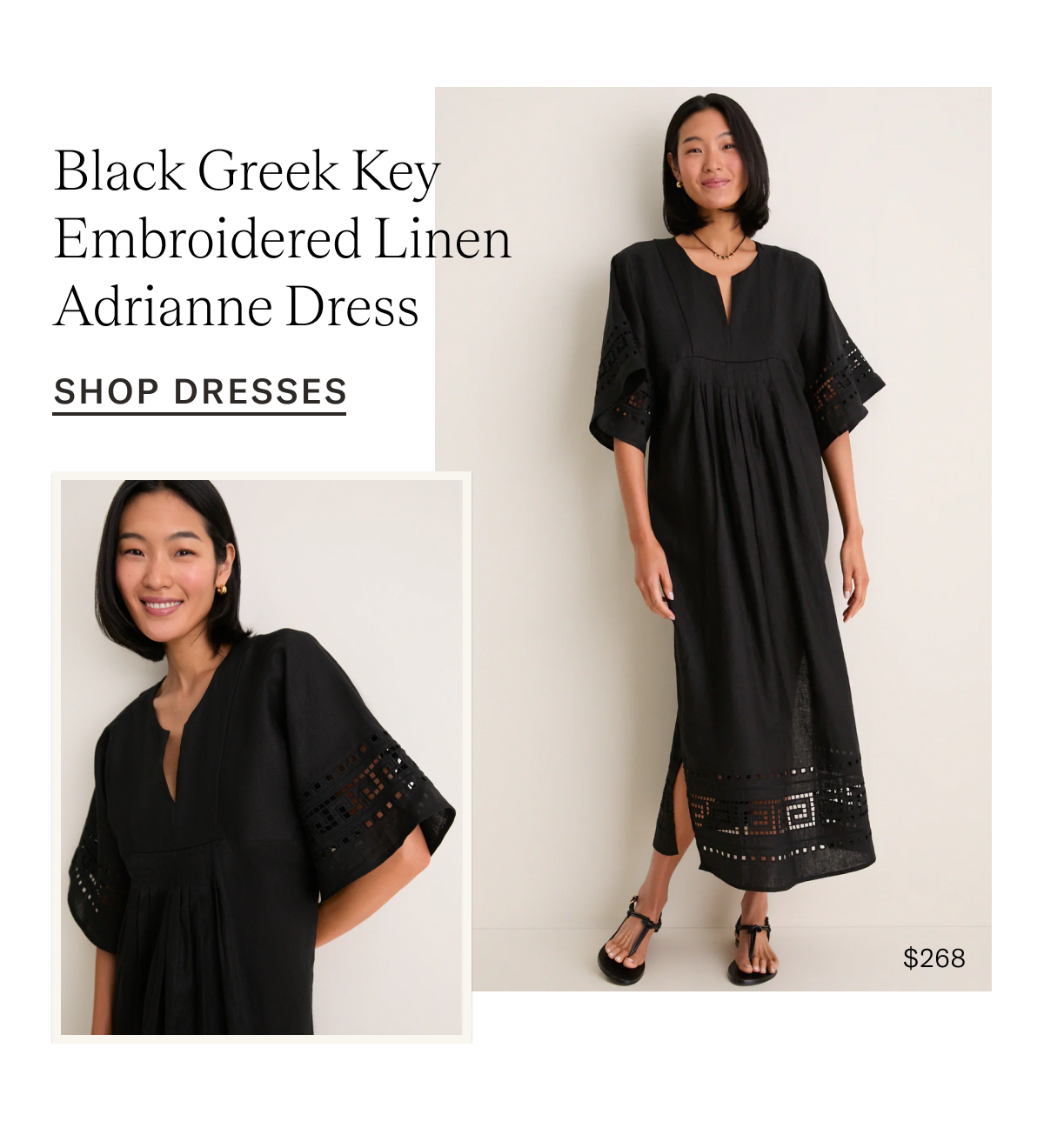 Black Greek Key Embroidered Linen Adrianna Dress