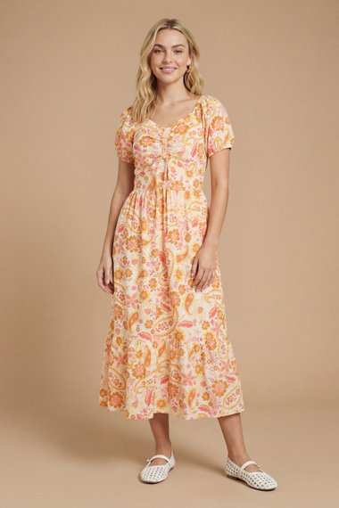 Tie Front Puff Sleeve Printed Midi Dress