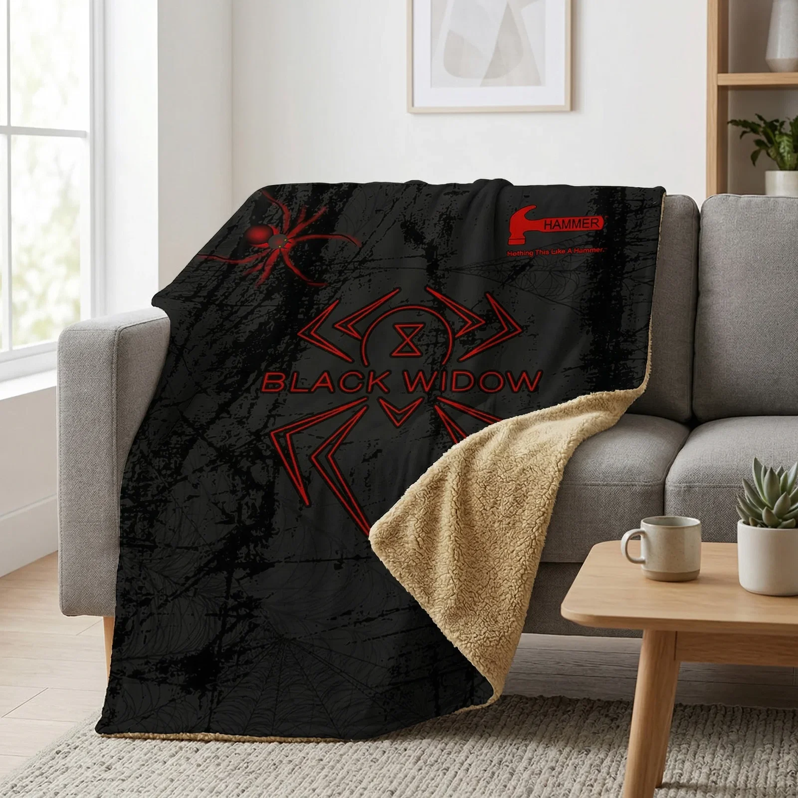 Image of Hammer Black Widow Black Red Grunge Sherpa Lined Throw Blanket