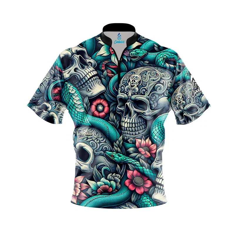 Image of Plain Skull Snakes Quick Ship CoolWick Sash Zip Bowling Jersey - 4X