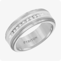 Triton 8MM Tungsten Diamond Ring - Channel Set Silver Satin Finish Inlay and Round Edge
