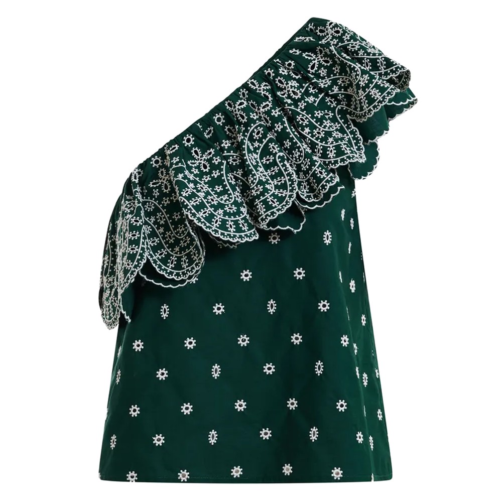 Image of Kath Scallop Edge Embroidered Top - Bottle Green