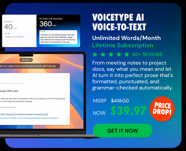 VoiceType AI Voice-to-Text: Lifetime Subscription (Unlimited Words/Month)