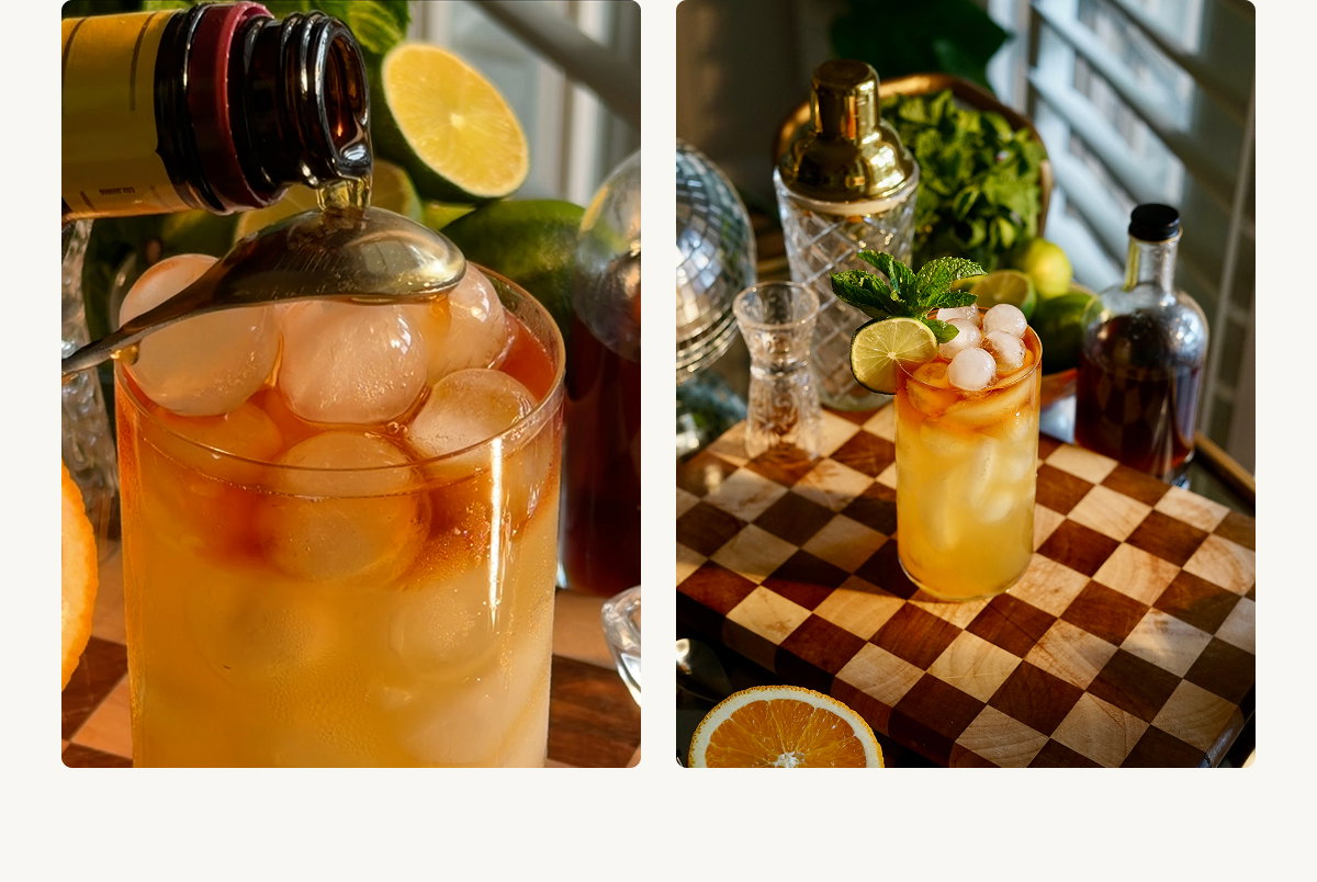 Shake all ingredients except the Myers's with ice. Strain into a Tall Glass filled with ice, then gently float the Myers's on top. Garnish with fresh mint.
