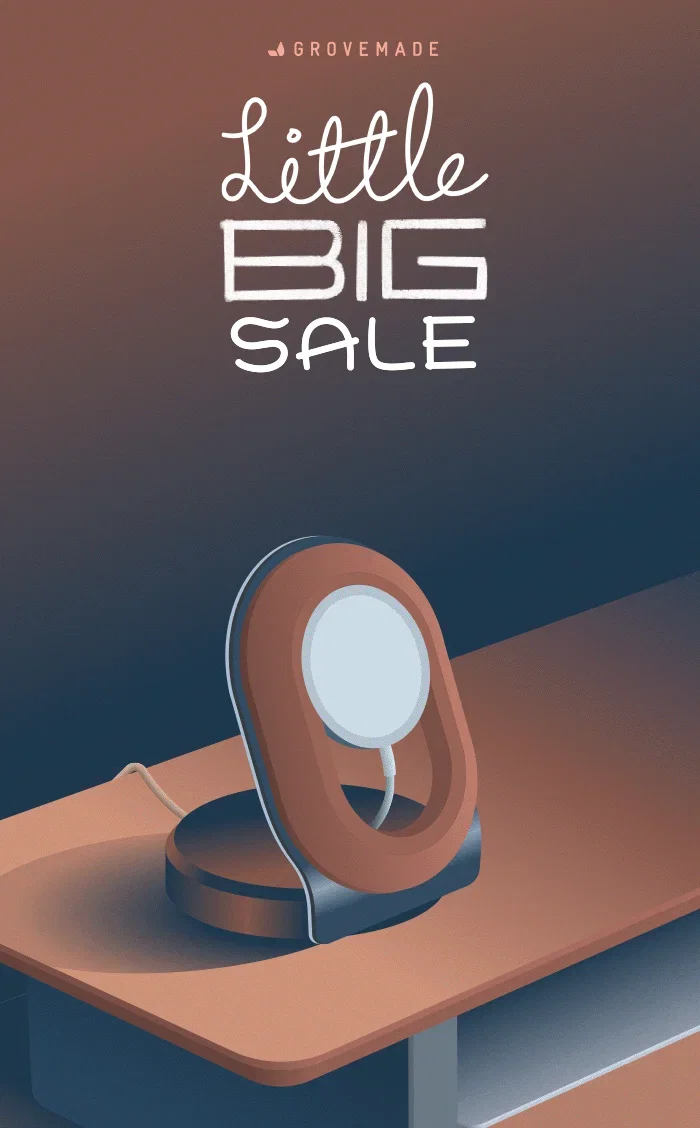 Title: Grovemade Little Big Sale. Image: Animation of a hand placing an iPhone on the walnut Grovemade MagSafe Stand.