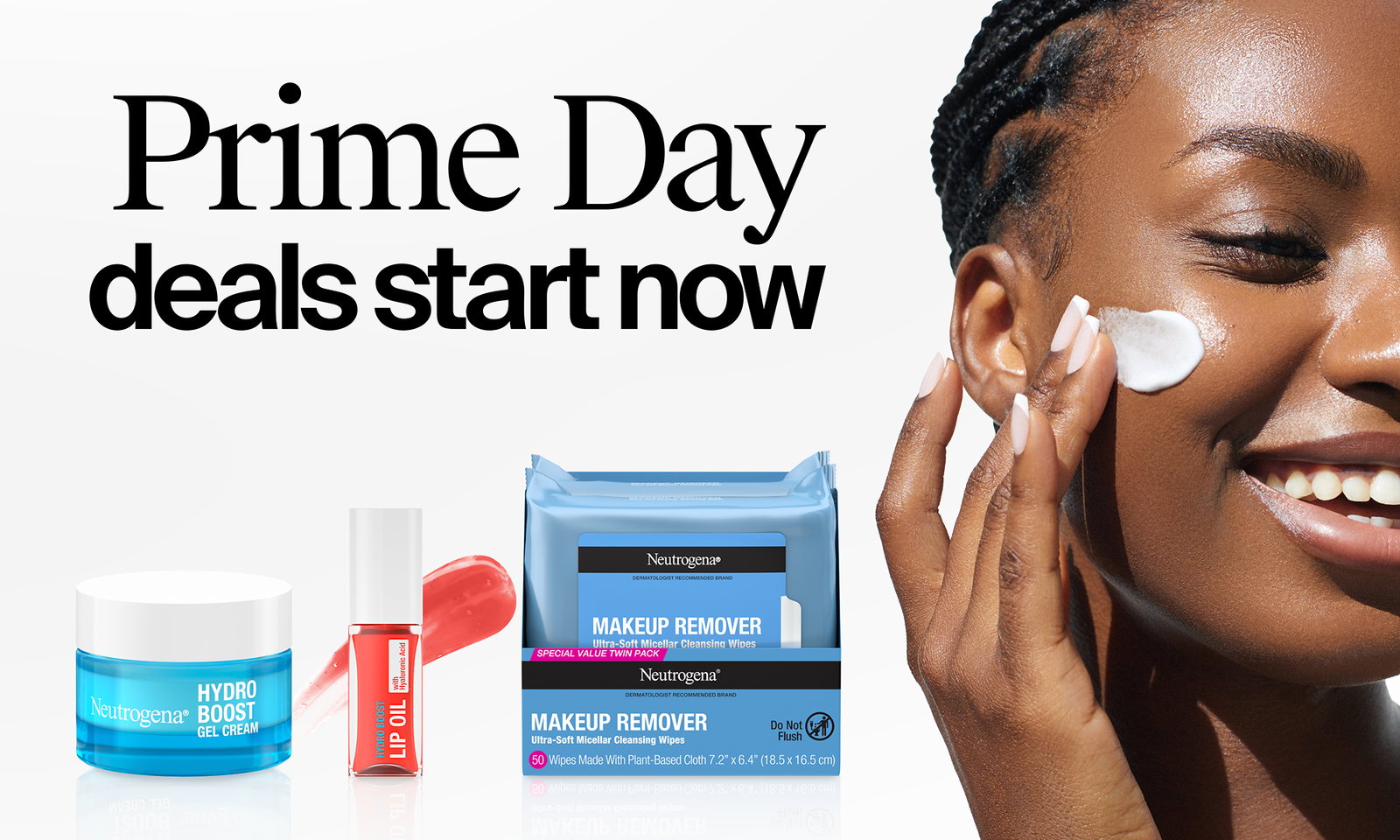 Neutrogena® Hydro Boost products and woman with clear skin applying Neutrogena® Hydro Boost Gel Cream to face