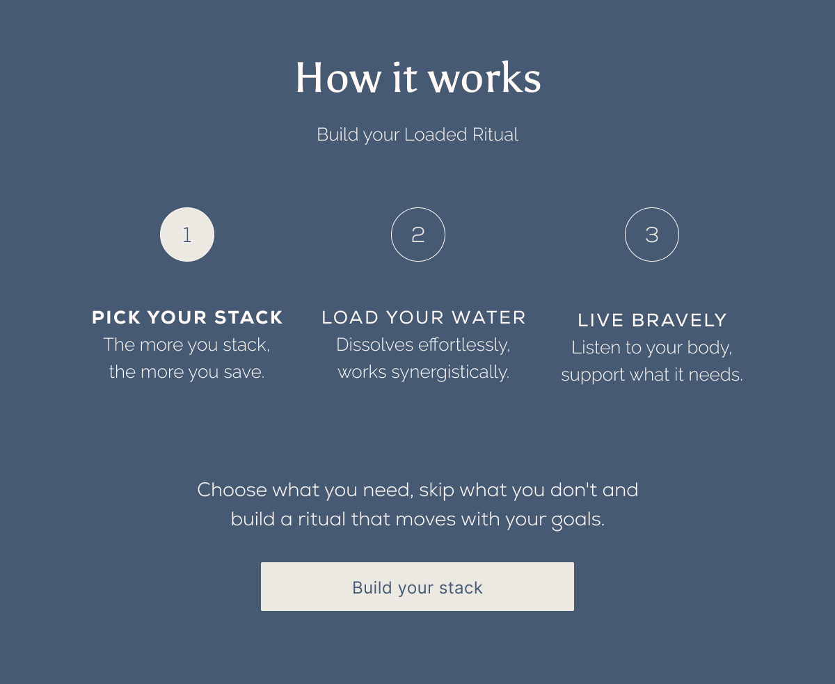 How it works. Build your Loaded Ritual. 1. Pick your stack — the more you stack, the more you save. 2. Load your water — Dissolves effortlessly, works synergistically. 3. Live Bravely — listen to your body, support what it needs. Choose what you need, skip what you don't, and build a ritual that moves with your goals.