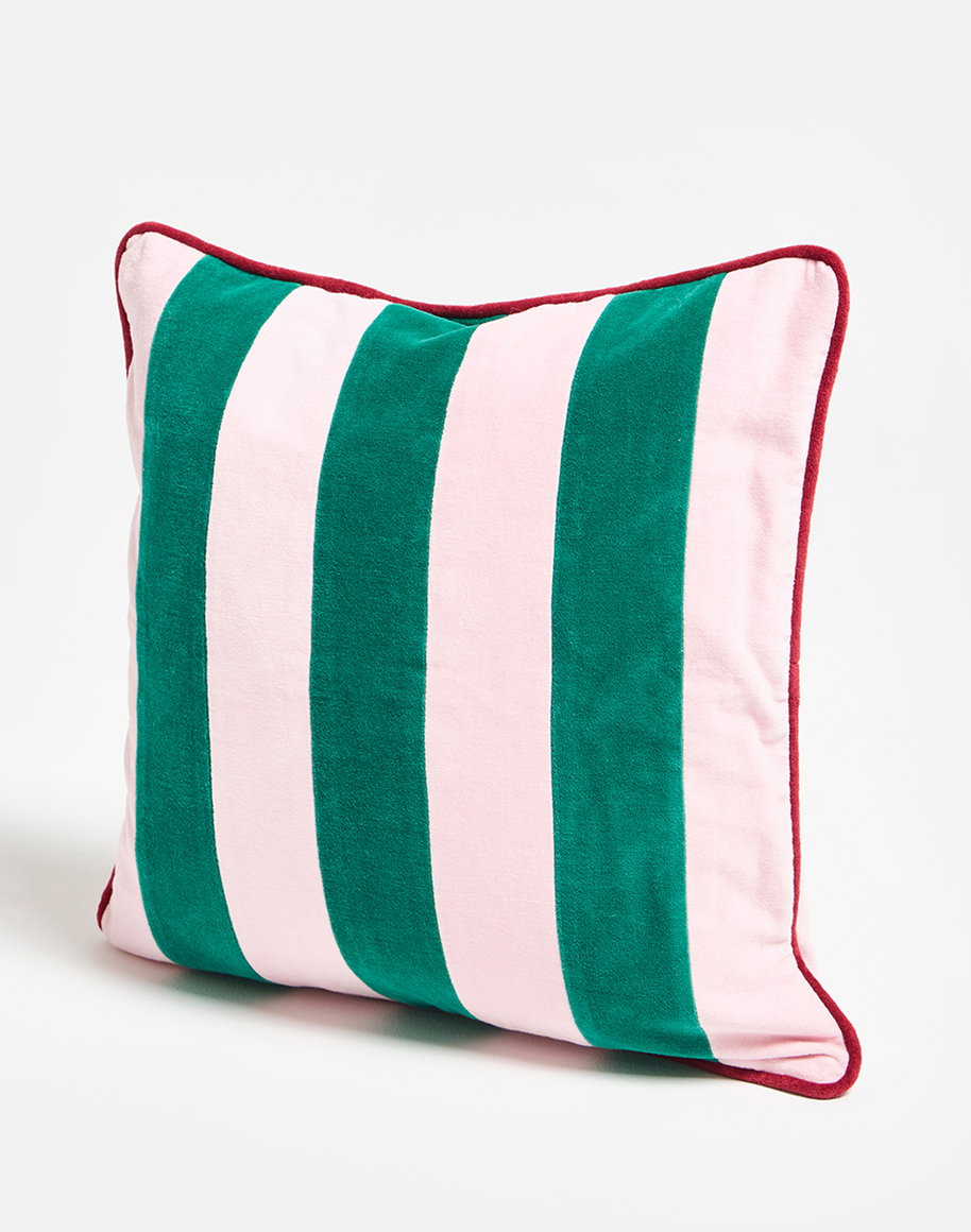 Pink & Green Striped Velvet Cushion Cover 45x45cm