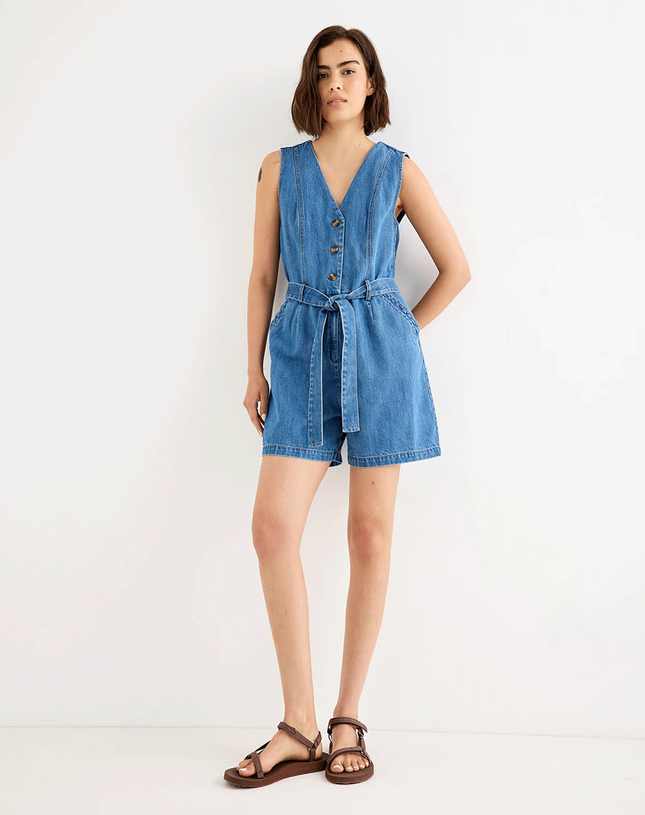 Dark Blue Denim Scalloped Pocket Sleeveless Playsuit