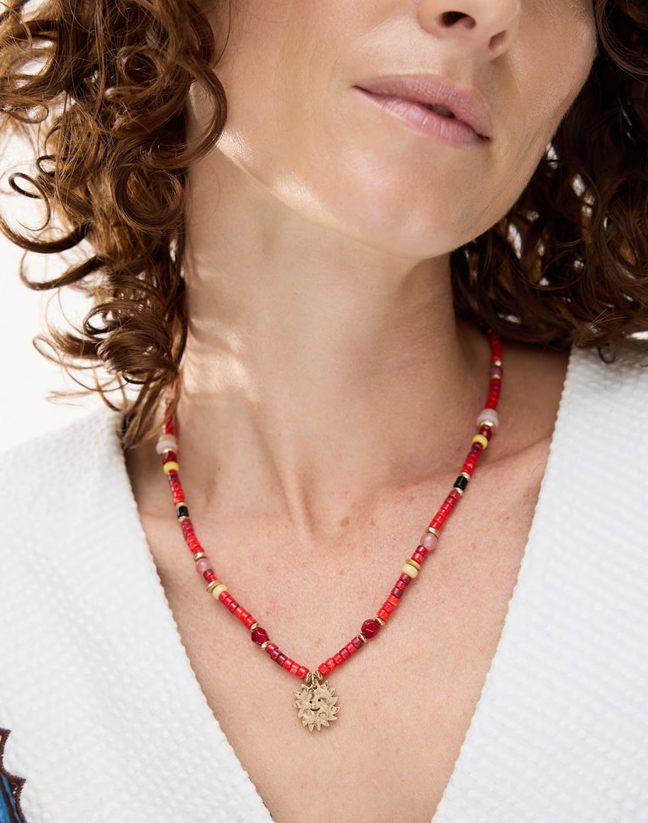 Harriet Red Bead Smiley Sun Charm Necklace