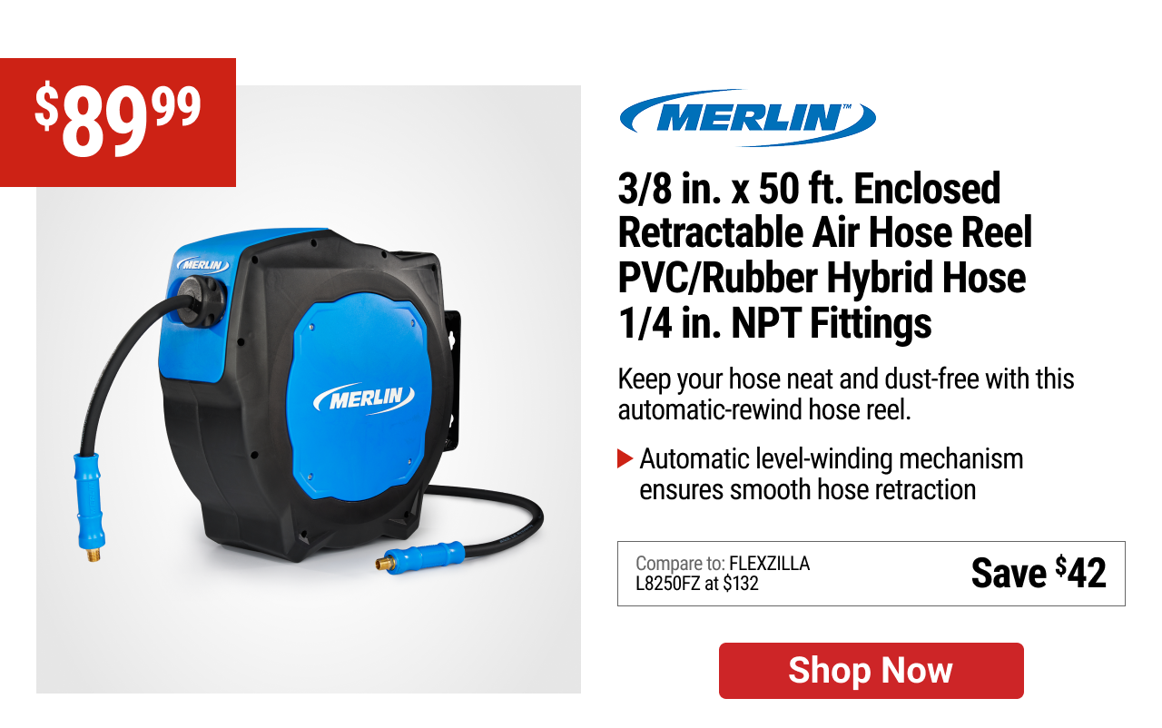 MERLIN 3/8 in. x 50 ft. Enclosed Retractable Air Hose Reel, PVC/Rubber Hybrid Hose, 1/4 in. NPT Fittings