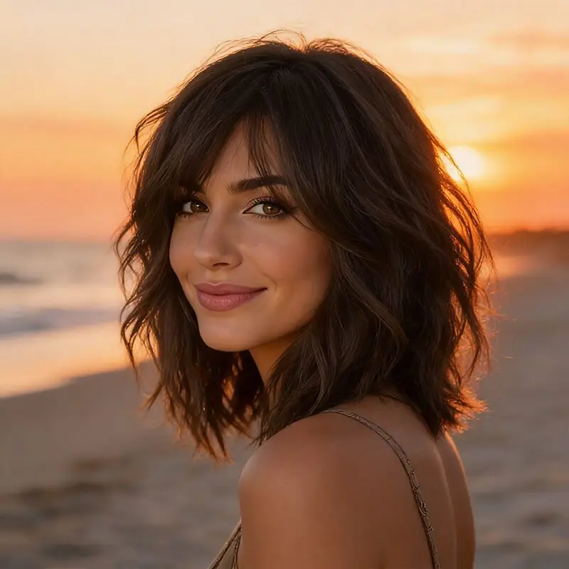 Wear And Go Wigs Glueless Layered Shoulder Length Wave Wigs With Bangs Pre Cut Lace Best Human Hair Wigs