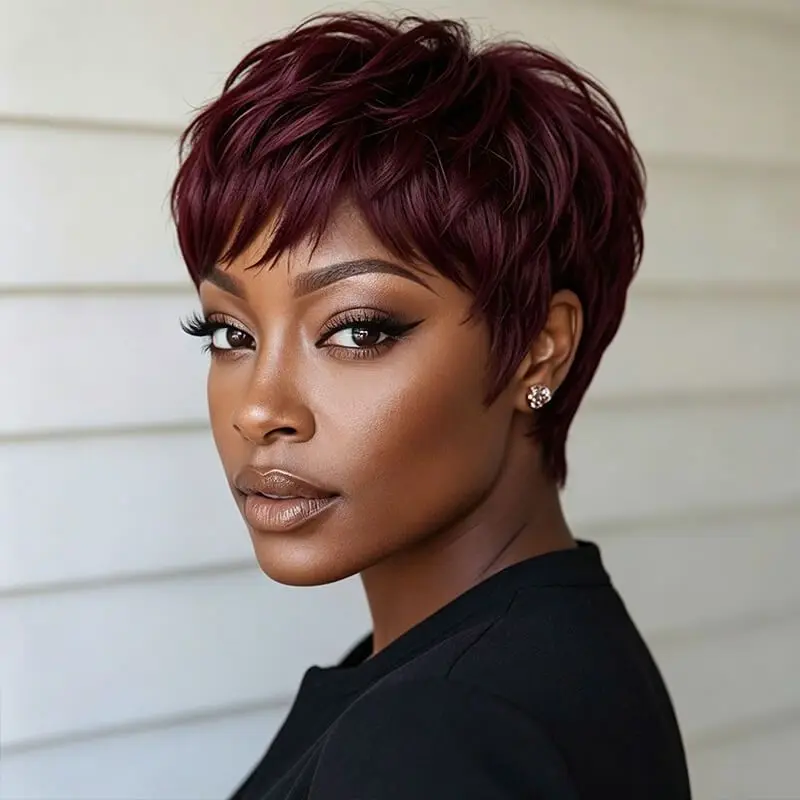 Burgundy Short Pixie Cut Wig with Bangs No Lace Machine Made Glueless Human Hair Wigs for Black Women