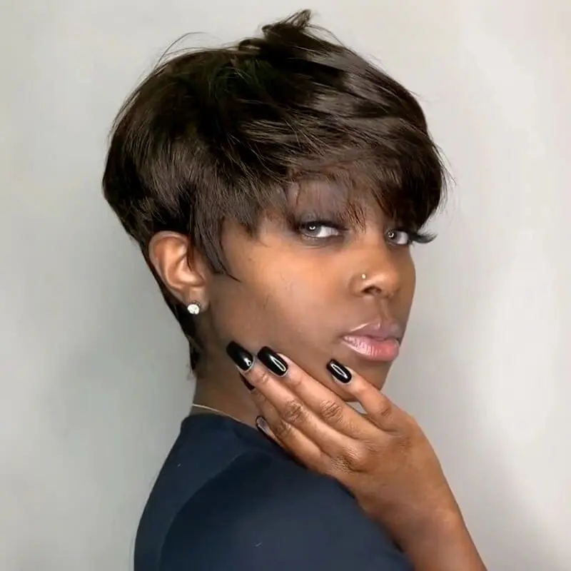 Wear And Go Wigs Machine Made No Lace Pixie Cut Short Bob Wigs With Bangs Human Hair Wigs