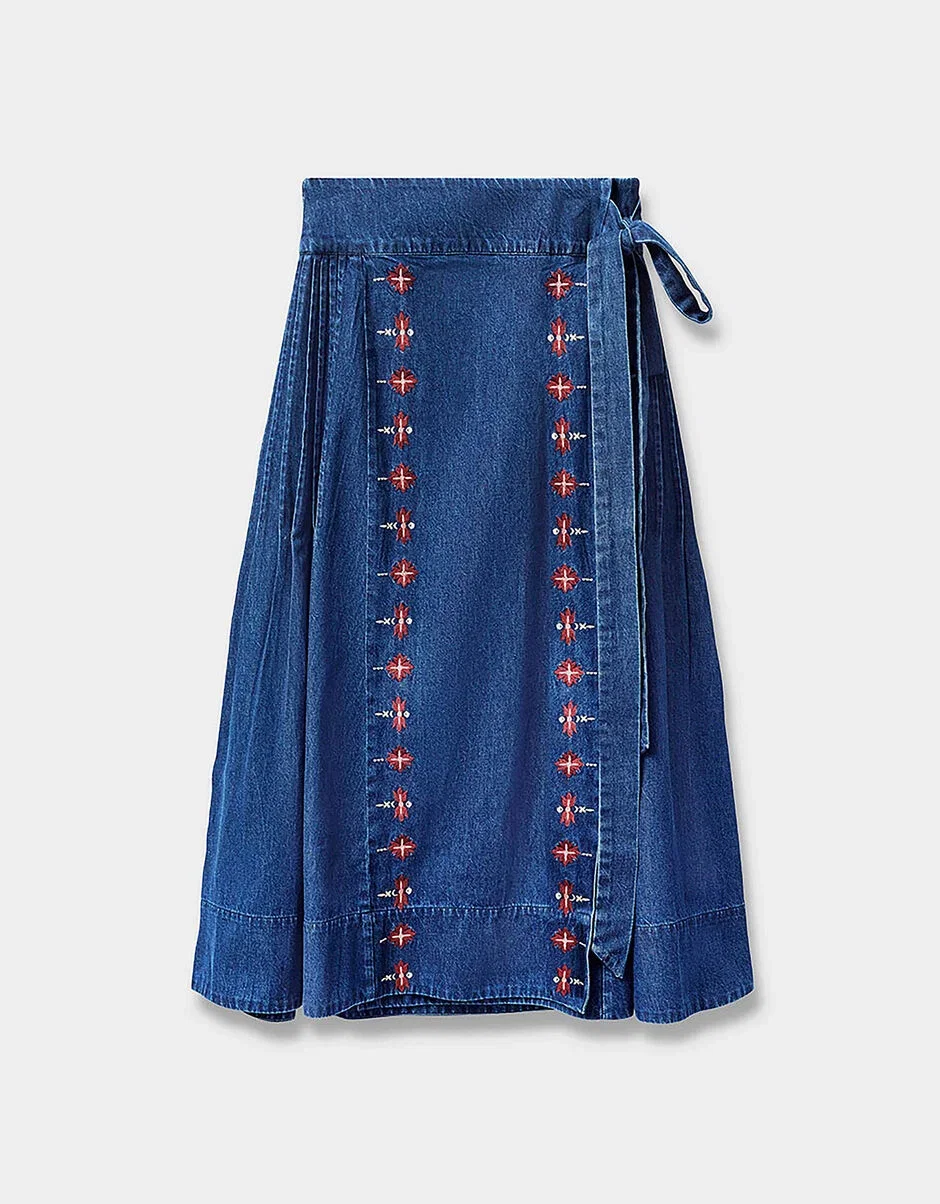 Marion Denim Wrap Embroidered Skirt