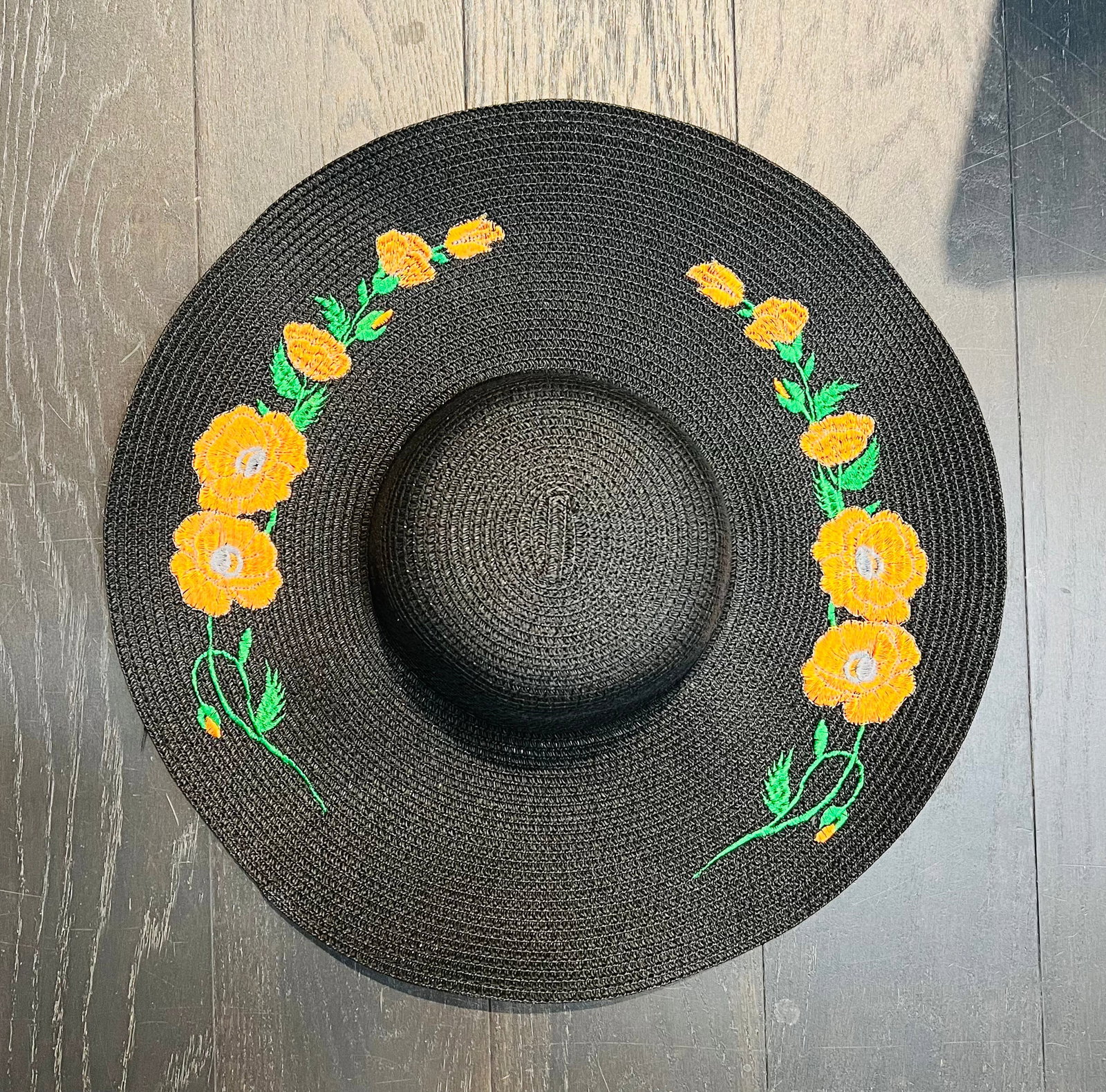 Embroidered Floppy Sun Hat - XL Brim - Poppies