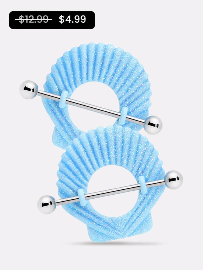 14G 29mm Blue Shimmer Mermaid Shell Nautical Nipple Shield Set