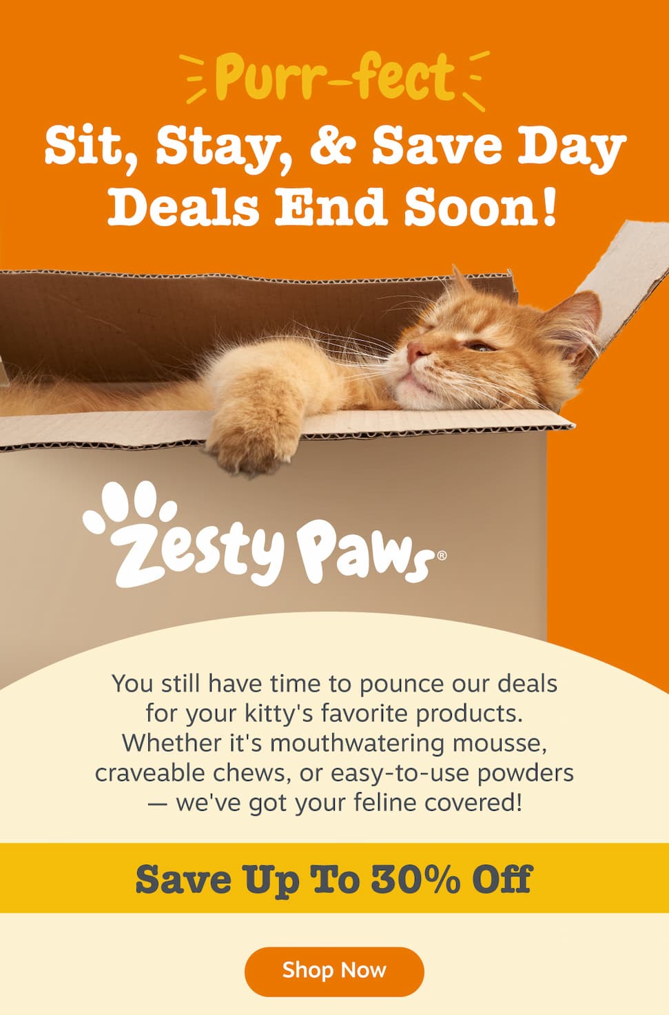 Purr-fect Sit, Stay, & Save Day Deals End Soon! You still have time to pounce our deals for your kitty's favorite products. Whether it's mouthwatering mousse, craveable chews, or easy-to-use powders, we've got your feline covered! Save Up To 30% Off. Shop Now.