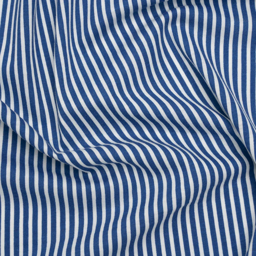Image of Cotton and Viscose Jersey - Cobalt Blue and White Candy Stripes - Deadstock