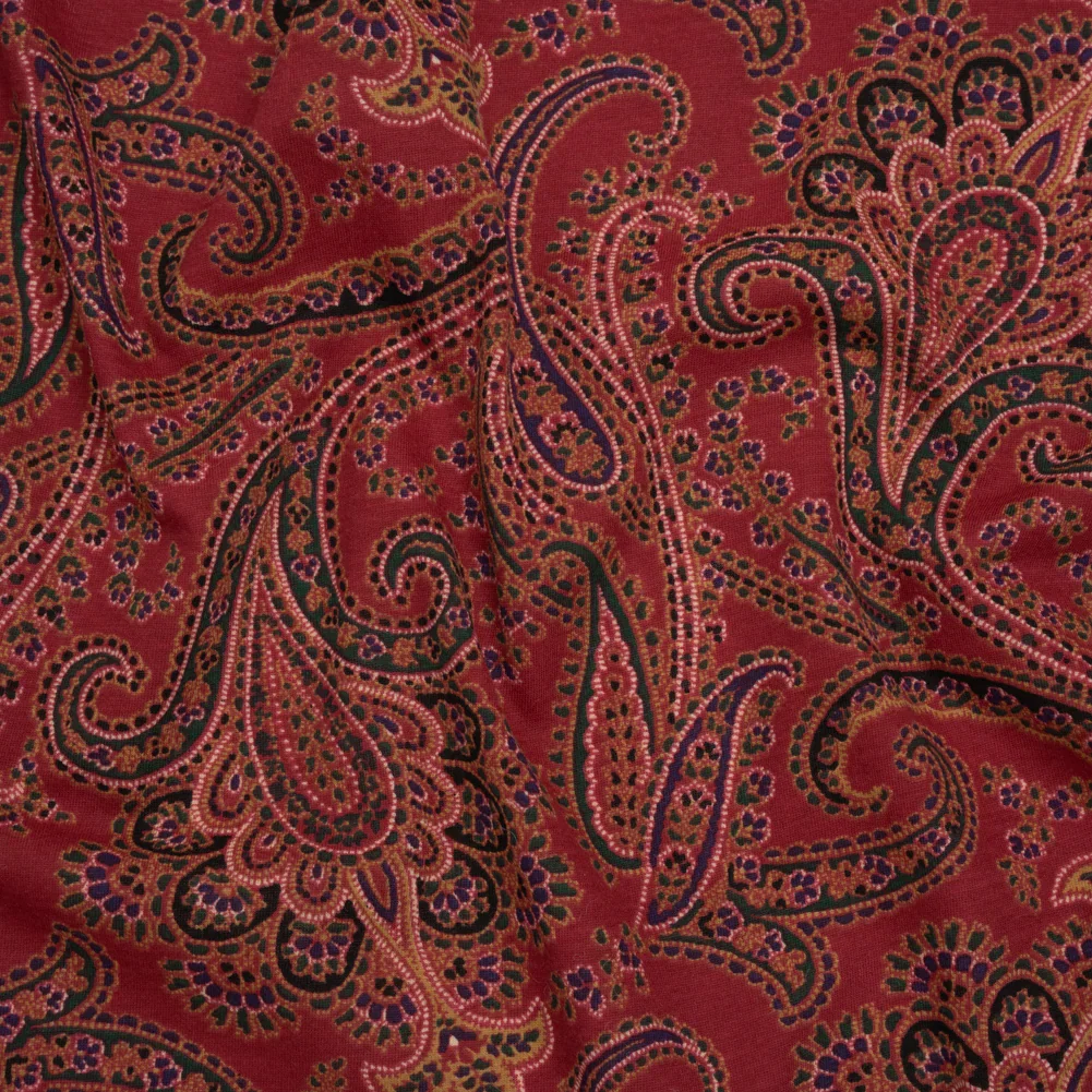 Image of Cotton and Polyester Jersey Print - Dark Red, Green and Gold Paisley - Deadstock