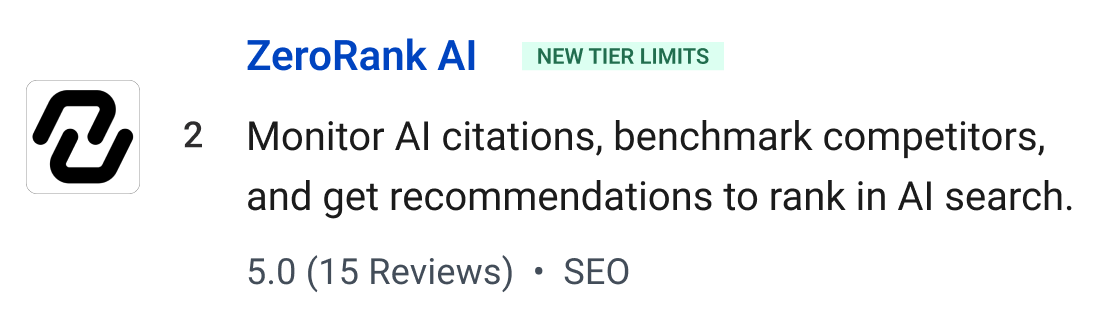 ZeroRank AI (New tier limits): Monitor AI citations, benchmark competitors, and get recommendations to rank in AI search.