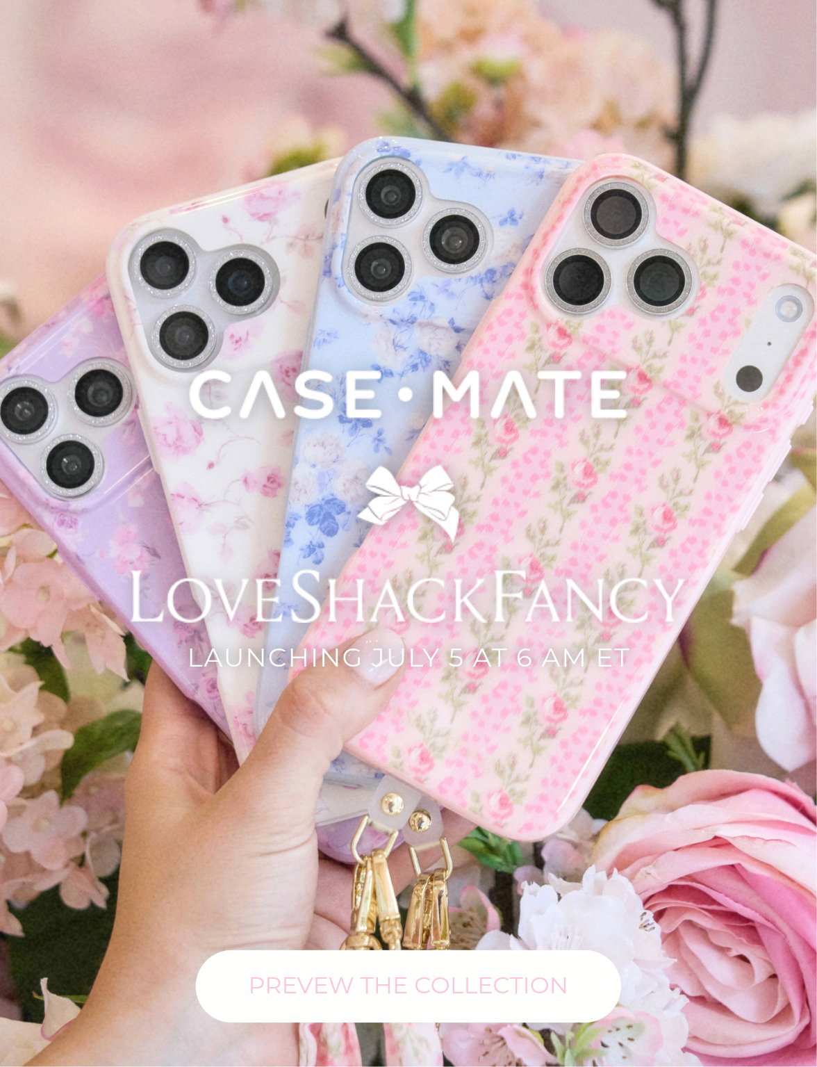 The new Case-Mate x LoveShackFancy phone cases fanned out in someone's hand