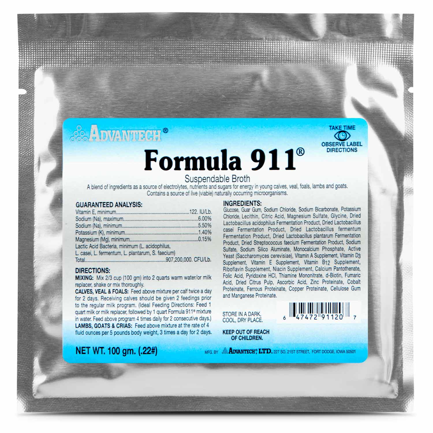 Formula 911 Suspendable Broth (100 gram pk) Oral Rehydration Powder for Livestock