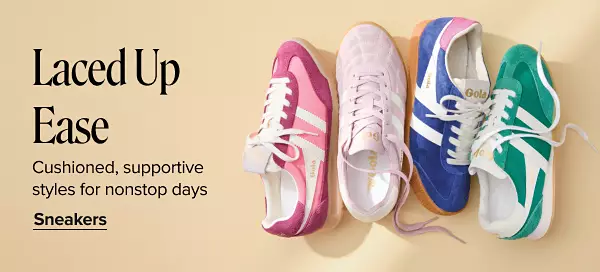 Laced up ease. Cushioned, supportive styles for nonstop days. Shop sneakers. Four different colored sneakers.