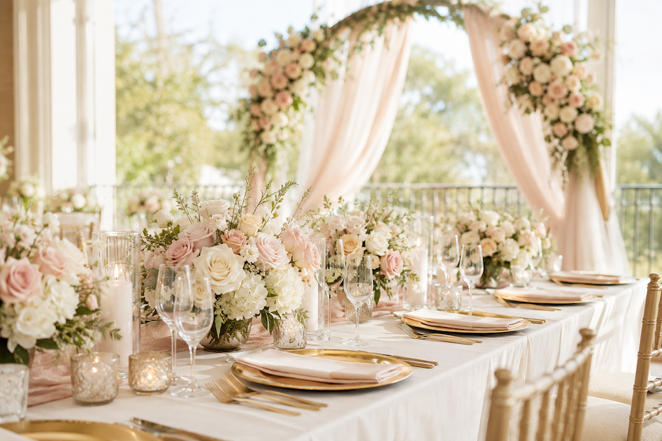 New arrivals event décor with floral arch, blush linens and gold table styling