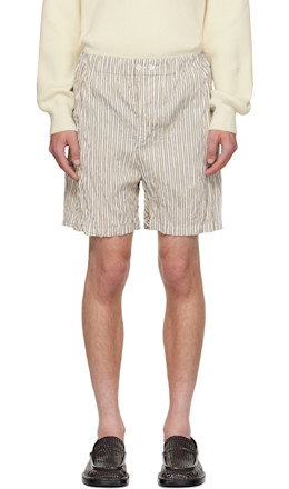 Beige & White Crushed Tech Cotton Stripe Shorts - Bottega Veneta