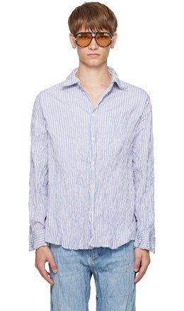 White & Navy Crushed Cotton Striped Shirt - Bottega Veneta