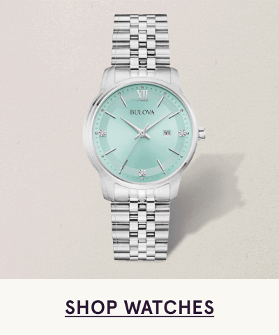 Silver multi-link Bulova watch with vibrant light turquoise dial. Click here to shop watches