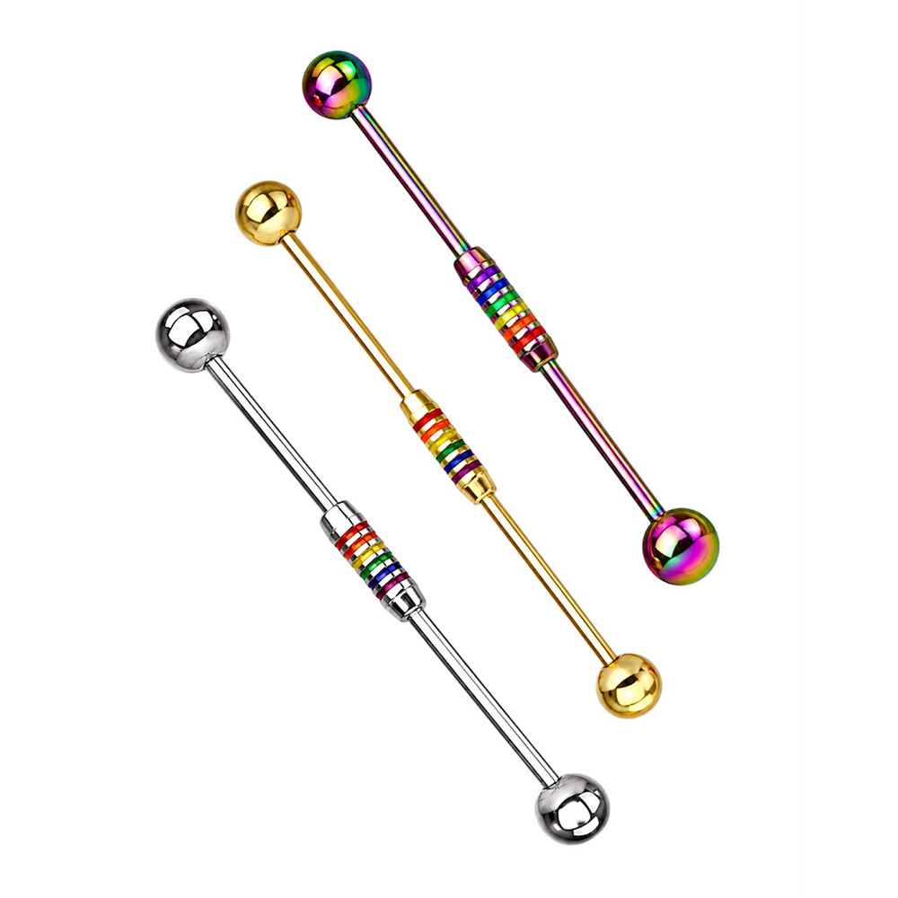  Rainbow Striped Center Industrial Barbells Piercings 14G 38mm 