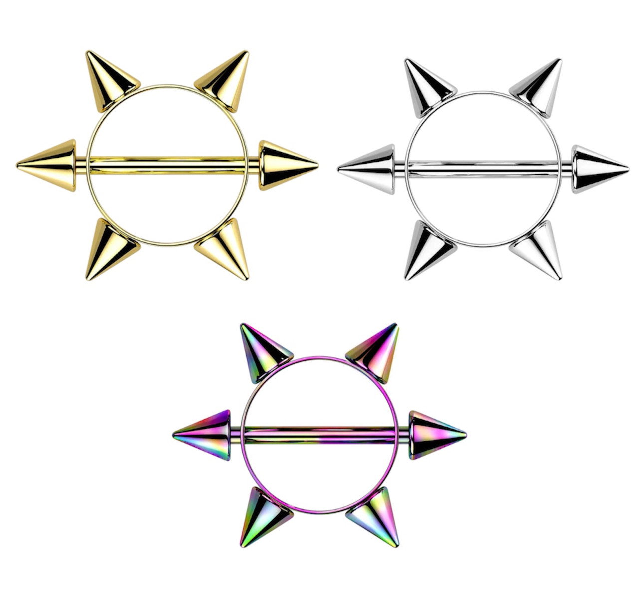 14G PVD Plated Spike Nipple Shield Ring Piercings 16mm - Sold as Pair