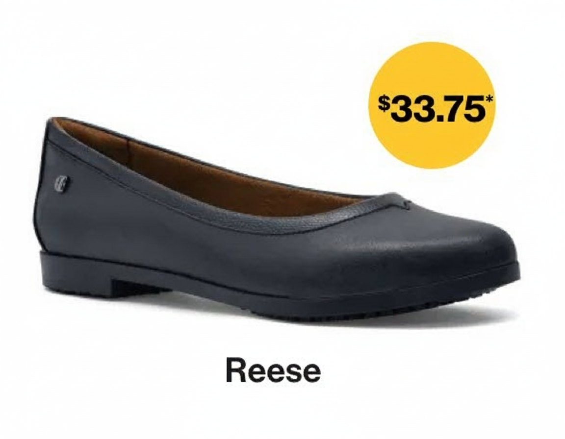 A black flat shoe named Reese is shown with a price tag of $33.75.