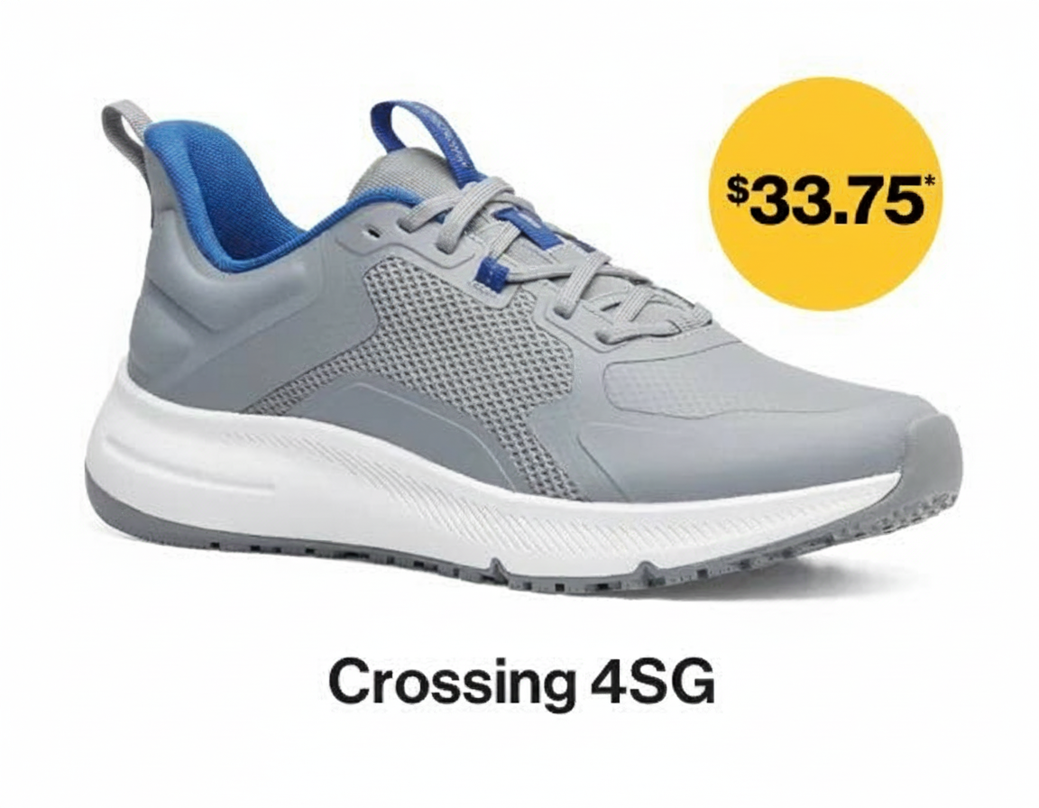 Gray and blue athletic shoe with a white sole, priced at $33.75.