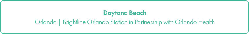 A minimalist banner graphic highlights Daytona Beach as a destination. The text references Orlando and the Brightline Orlando Station in partnership with Orlando Health.