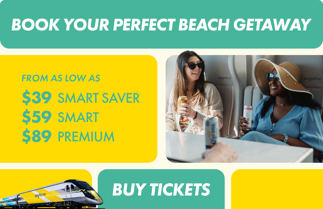 Promotional graphic advertising a beach getaway trip by train. Two women sit comfortably in a train cabin, drinking canned beverages and chatting.
