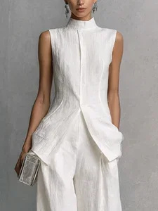 Image of Elegant Linen Sleeveless Vest Stand Collar Asymmetrical Hem Office Wear