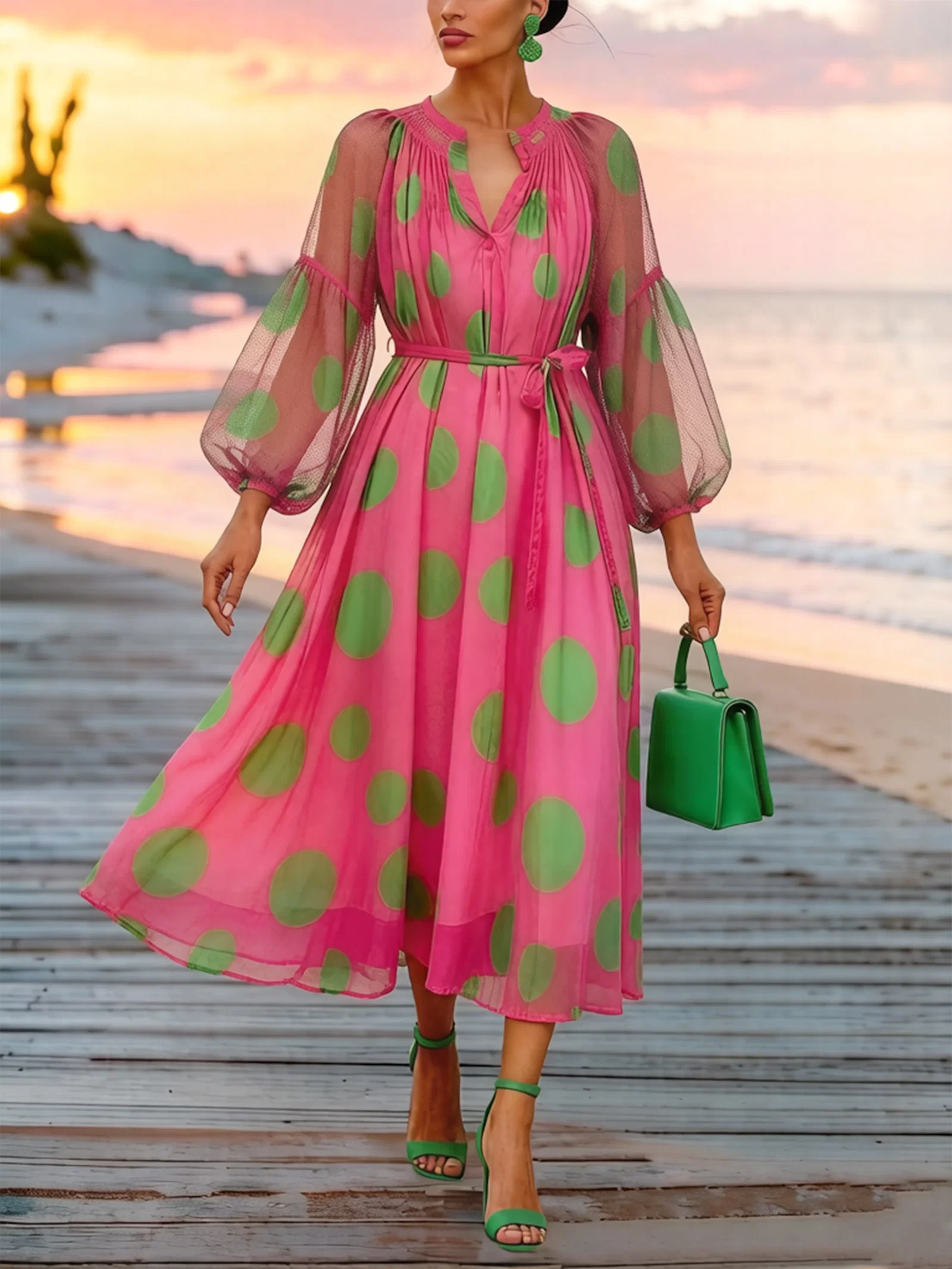 Image of Elegant Polka Dots Printing Midi Dress With Belt
